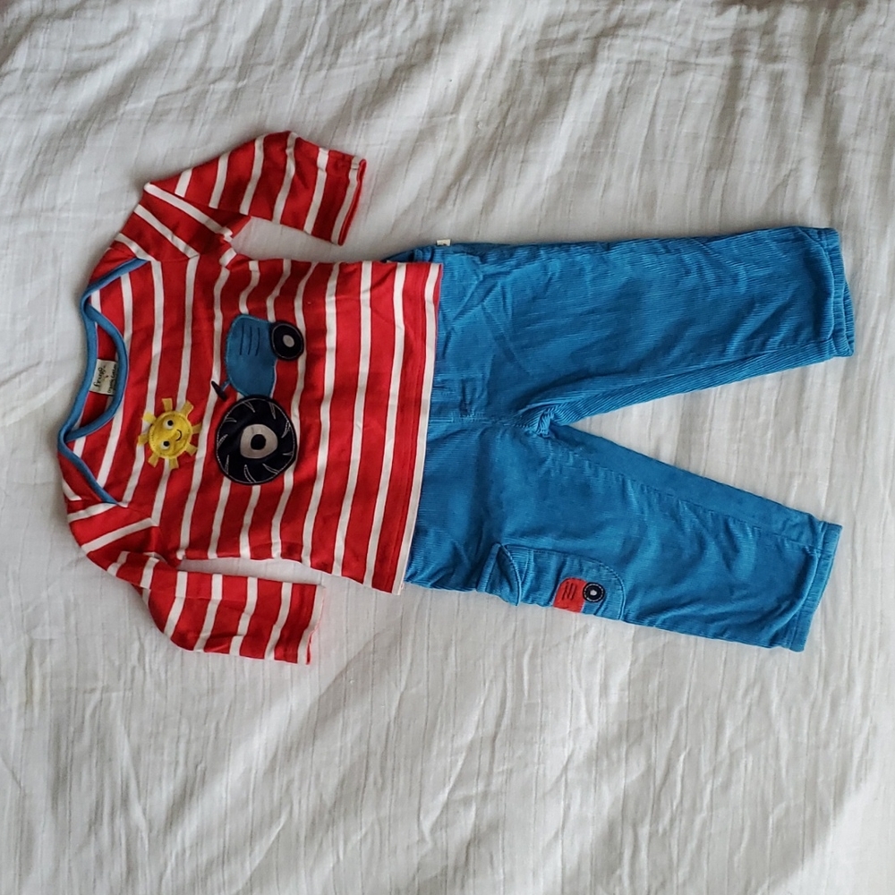 Frugi long sleeve tee and lined corduroy pants set size 6-12M